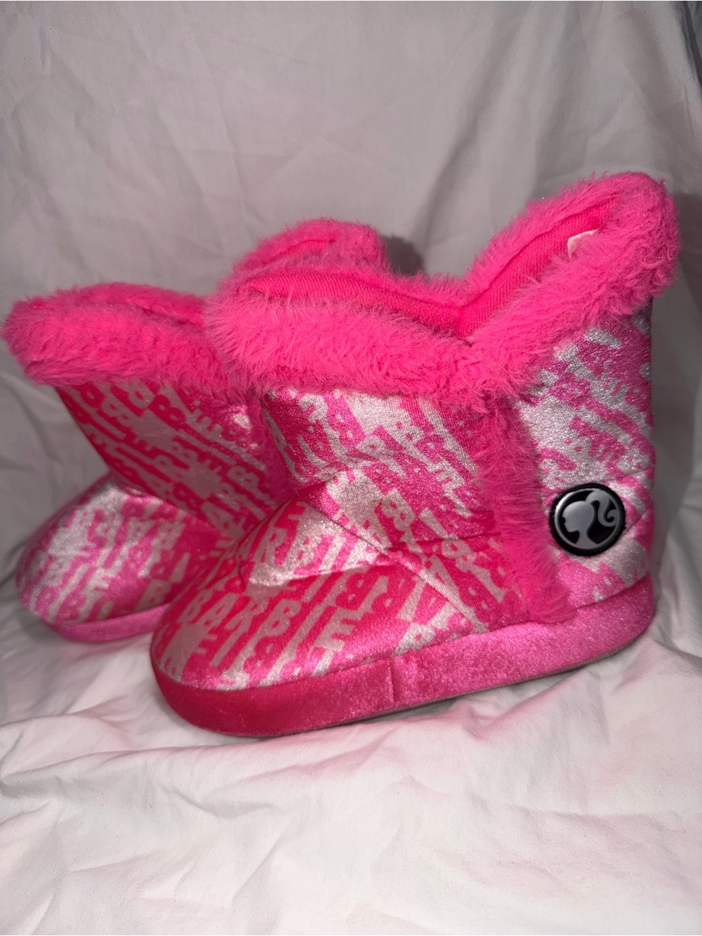 Mattel Girls Pink Glitter Plush Slip-On Slippers